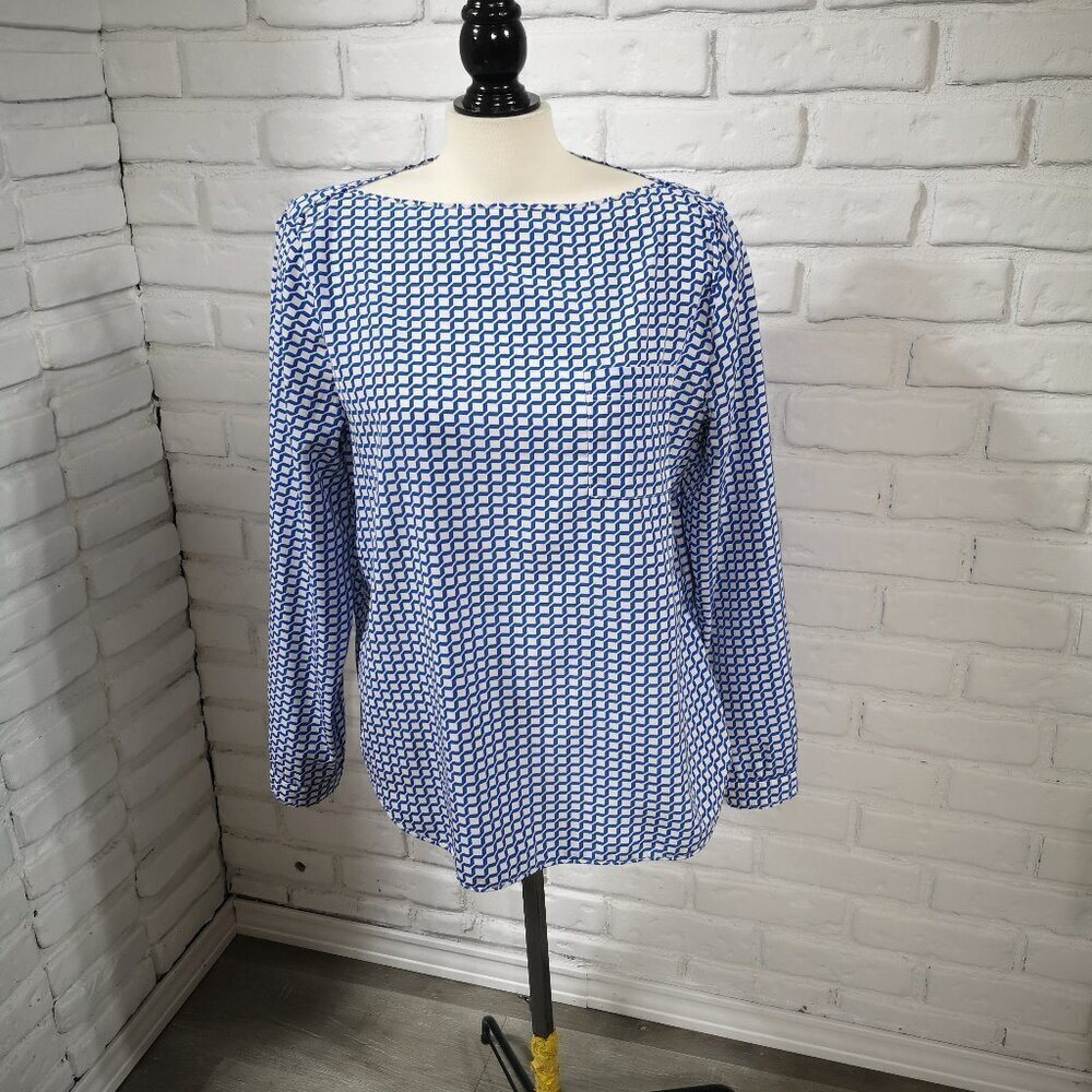 Gap Ladies Size Large Blue & Off White Pattern Boat Neck Blouse